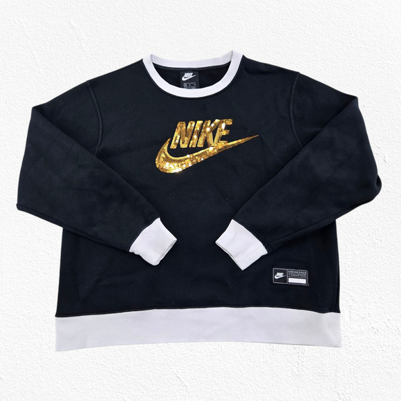 Nike Black Gold Sequin Logo Pullover Athletic Crewneck Sweatshirt Size Medium - Picture 2 of 8